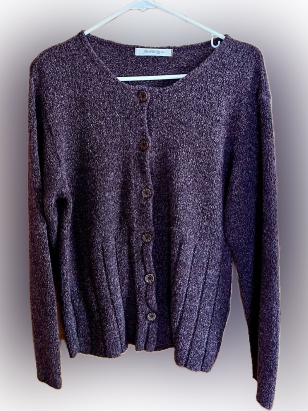 Aly-Wear Marled Purple Button Up Cardigan Sweater Pleated Detail Women's Medium